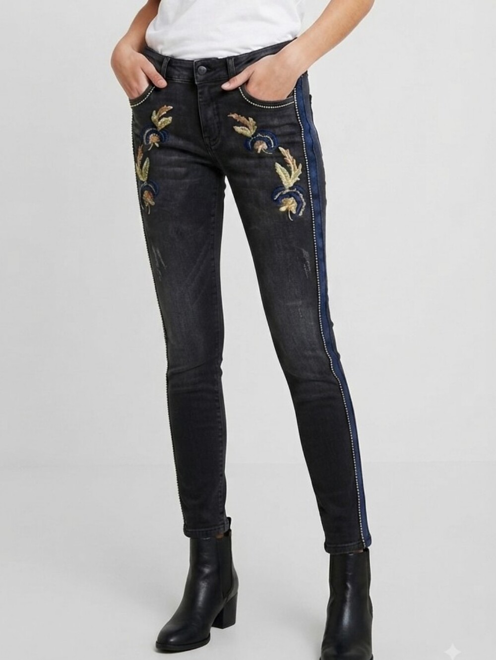 Desigual Embroidered Waxy Black and Blue Jeans